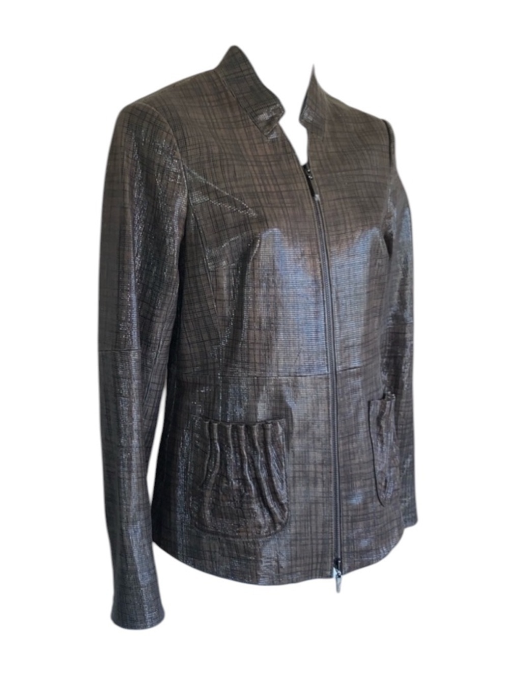 WORTH leather jacket, Woman's, 4,  brown plaid, NWOT gathered pockets zip front